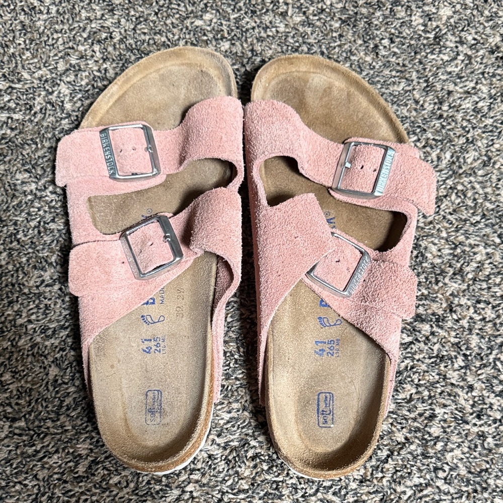 Birkenstock Pink Suede Two-Strap Sandals with Buckles